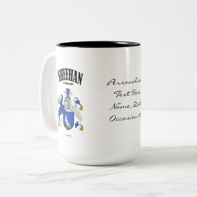 Sheehan Family Crest, Translation & Meaning Two-Tone Coffee Mug (Front Left)