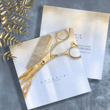 Sheen And Shears Hair Stylist Gold/blue Sq Id814 Square Business Card by arrayforcards at Zazzle