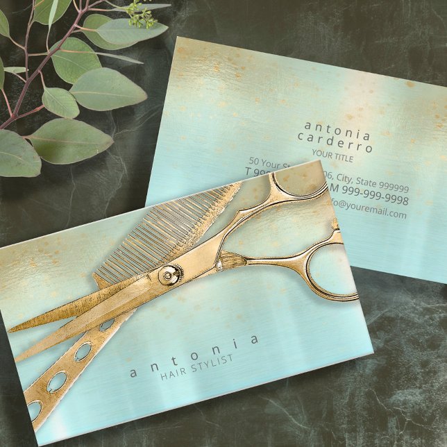 Sheen and Shears Hair Stylist Gold/Teal ID814 Business Card (Creator Uploaded)