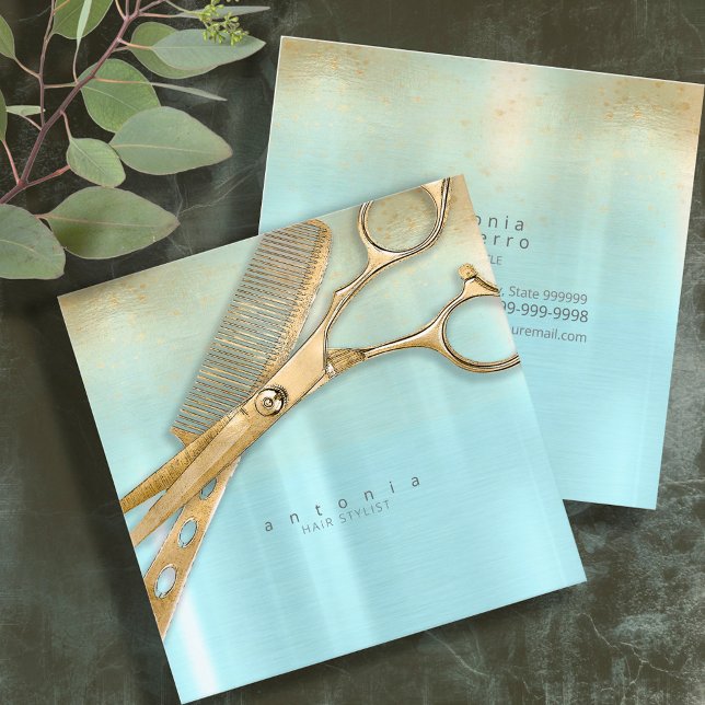 Sheen and Shears Hair Stylist Gold/Teal Sq ID814 Square Business Card (Creator Uploaded)