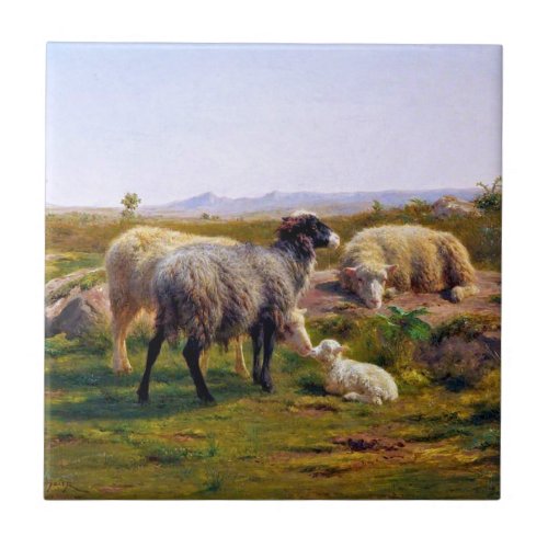 Sheep and a Lamb in Nature by Rosa Bonheur Ceramic Tile