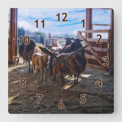 Sheep and Goats in the Barn Square Wall Clock