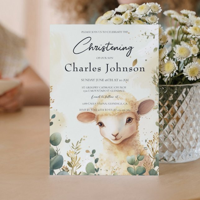 Sheep and Green Flowers Son Christening Invitation (Creator Uploaded)