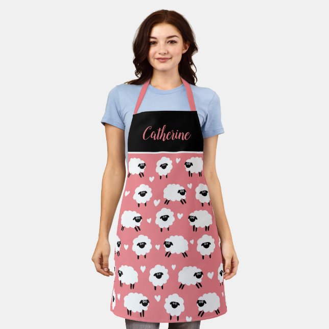 Sheep and Hearts with Name - Pink  Apron (Worn)