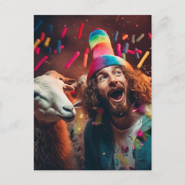 Sheep and Jesus at a Funny Colorful Birthday Party Postcard (Front)