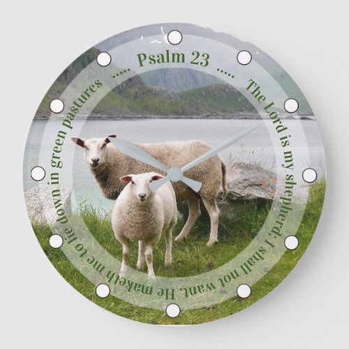Sheep and Lamb by Lake Psalm 23 Large Clock