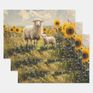 Sheep and Lamb Sunflower Field Decoupage Wrapping Paper Sheets