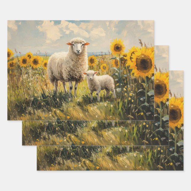 Sheep and Lamb Sunflower Field Decoupage Wrapping Paper Sheets (Set)