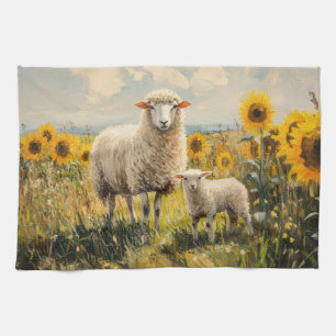 Sheep and Lamb Sunflower Field Kitchen Towel