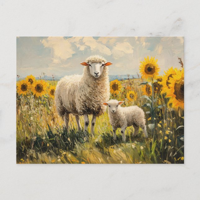 Sheep and Lamb Sunflower Field Postcard (Front)