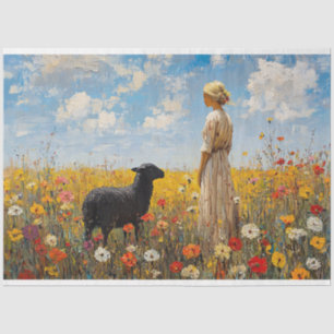 Sheep and Shepherdess with Wildflowers Decoupage Tissue Paper