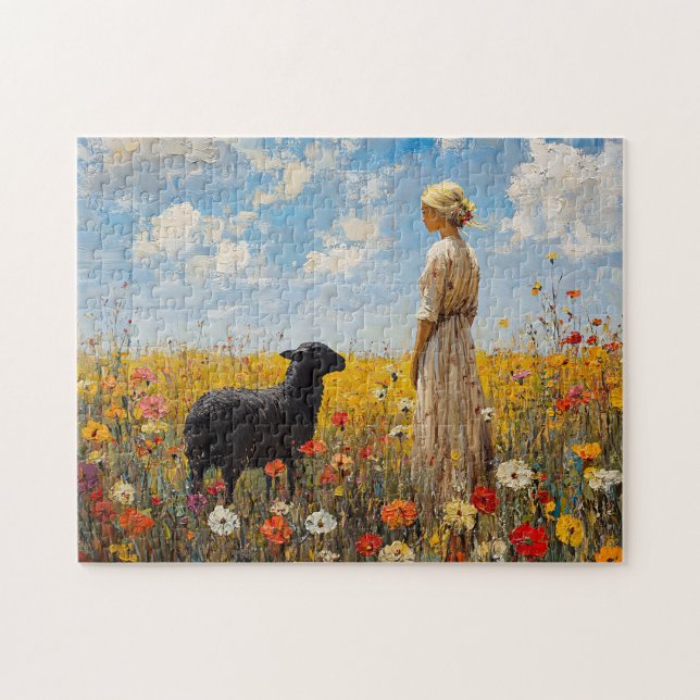 Sheep and Shepherdess with Wildflowers Jigsaw Puzzle (Horizontal)