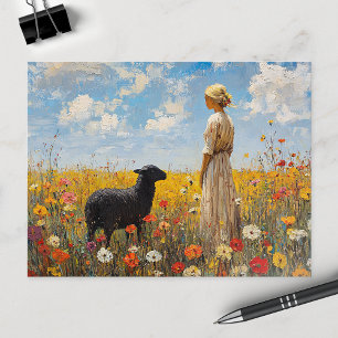 Sheep and Shepherdess with Wildflowers Postcard