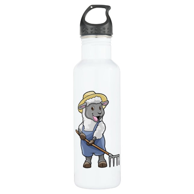 Sheep as Farmer with Rake & Hat Stainless Steel Water Bottle (Front)