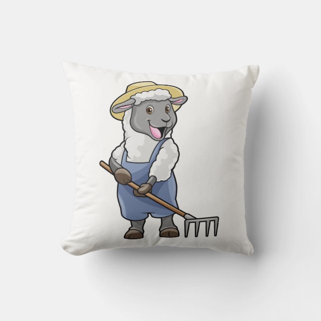 Sheep as Farmer with Rake & Hat Throw Pillow (Front)