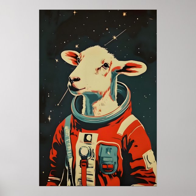 Sheep Astronaut Poster, Sheep Retro Print, Shee Poster (Front)