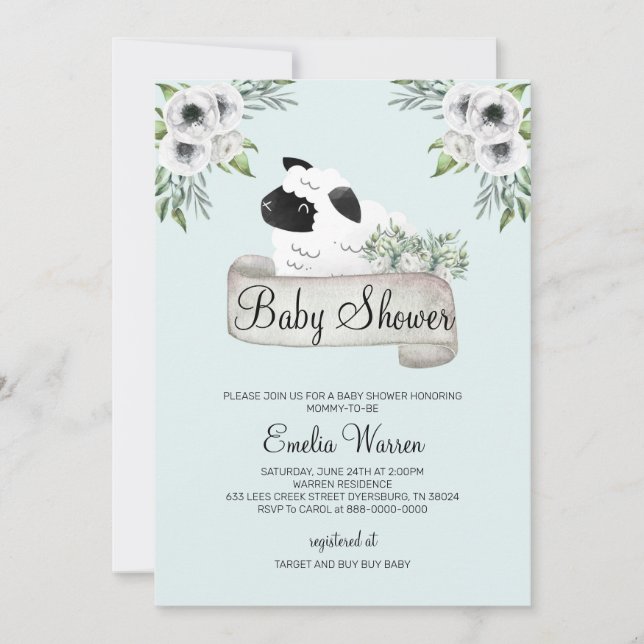 Sheep Baby Shower Floral Invitation (Front)