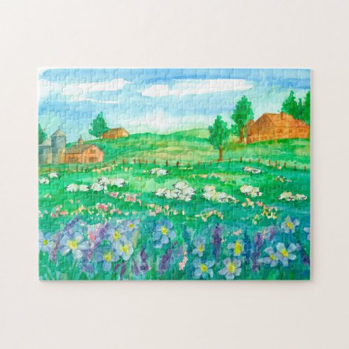 Sheep Barn Wildflower Landscape Jigsaw Puzzle