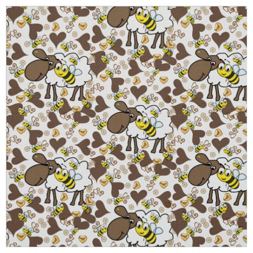 Sheep Brown Hearts Bumblebee Fabric