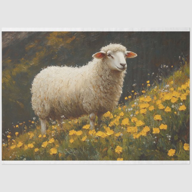 Sheep Buttercup Flowers Painting Decoupage Tissue Paper (Front)