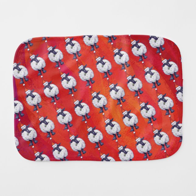 Sheep Christmas On Red Baby Burp Cloth (Front Horizontal)