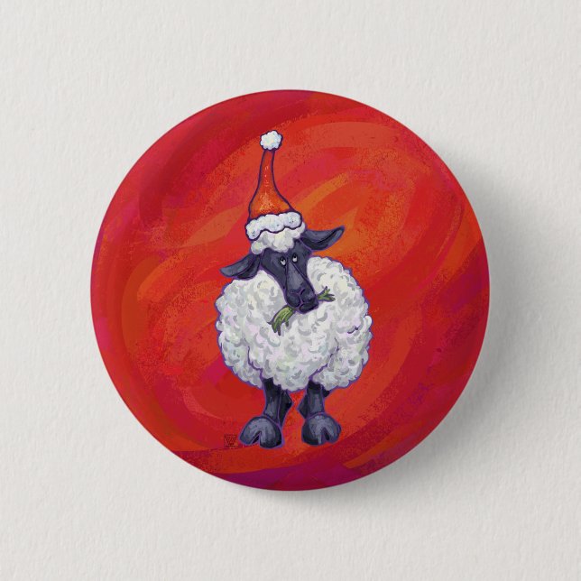 Sheep Christmas On Red Button (Front)
