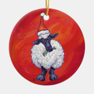 Sheep Christmas On Red Ceramic Ornament