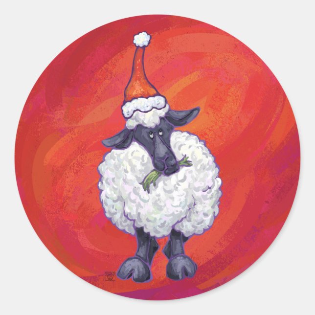 Sheep Christmas On Red Classic Round Sticker (Front)