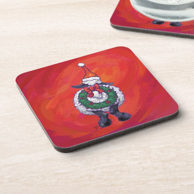Sheep Christmas On Red Coaster (Left Side)