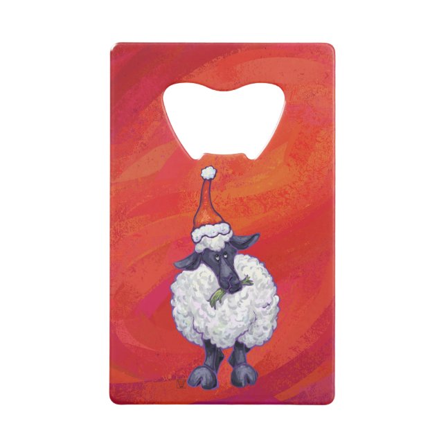 Sheep Christmas On Red Credit Card Bottle Opener (Front)
