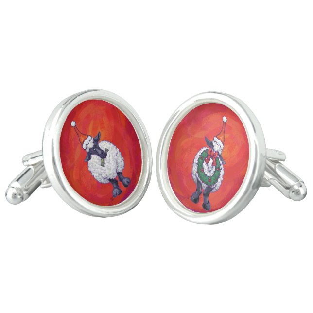 Sheep Christmas On Red Cufflinks (Angled)