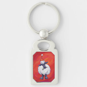 Sheep Christmas On Red Keychain