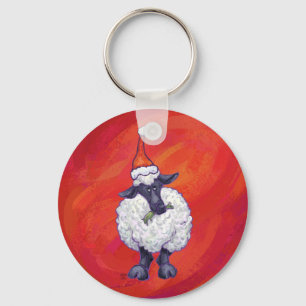 Sheep Christmas On Red Keychain