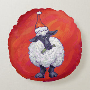Sheep Christmas On Red Round Pillow