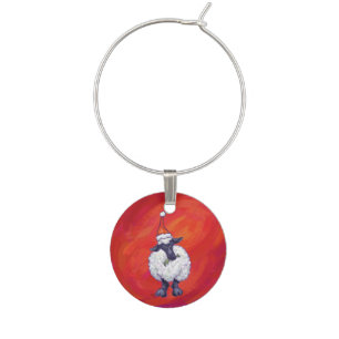 Sheep Christmas On Red Wine Glass Charm
