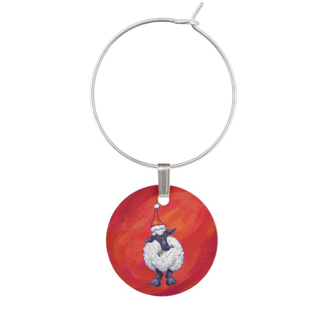 Sheep Christmas On Red Wine Glass Charm (Front)