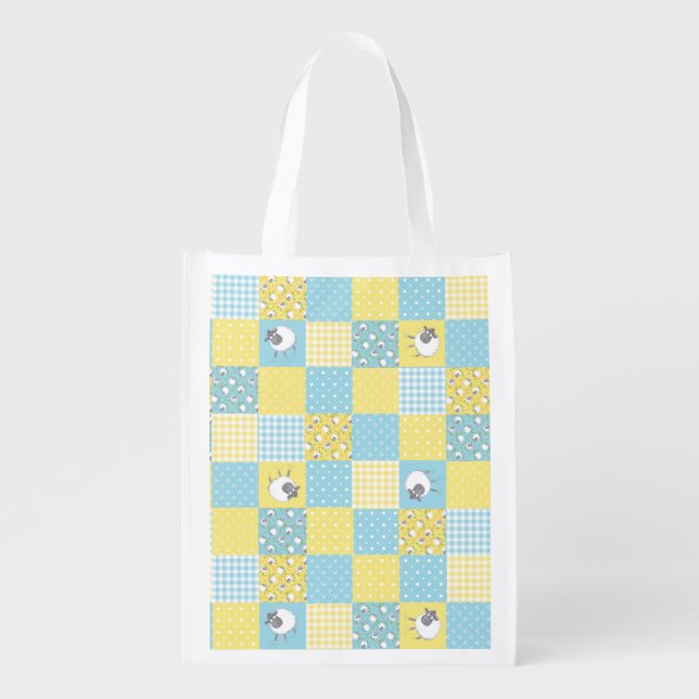 Sheep: Country-Style, Faux Patchwork Reusable Bag (Front)
