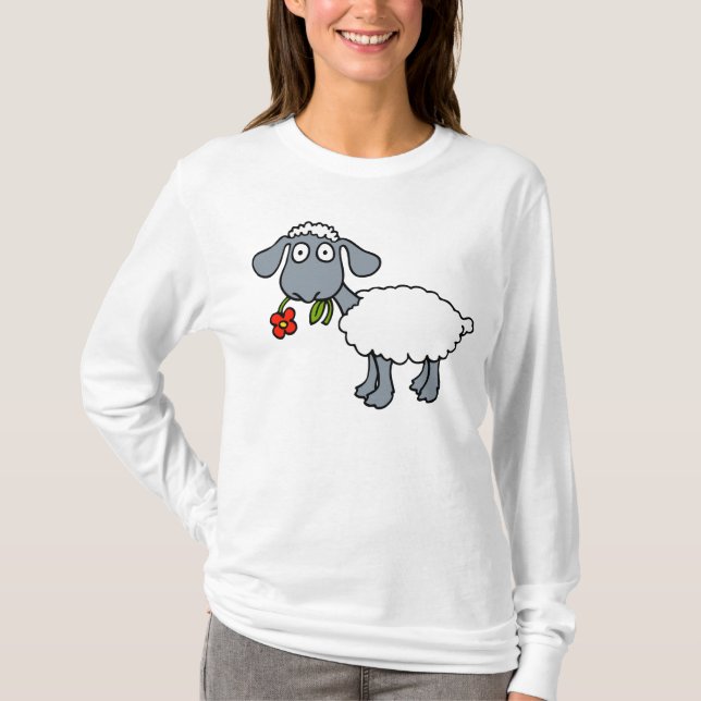 Sheep Cute Lamb Black Grey White Red Flower T-Shirt (Front)