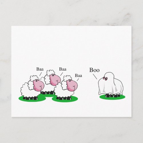 Sheep dressed up as a Halloween ghost going Boo Postcard