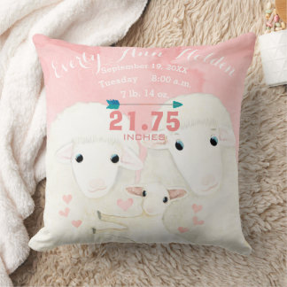 Sheep Family Baby Girl Birth Record Birth Stats Throw Pillow