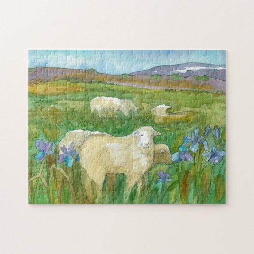 Sheep Farm Animal Spring Lambs Wild Iris Jigsaw Puzzle