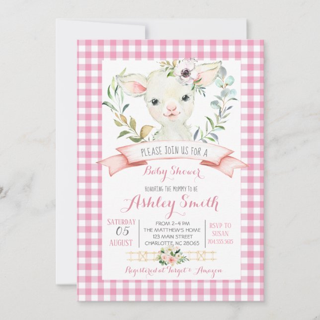sheep farm baby shower invitation pink girl (Front)