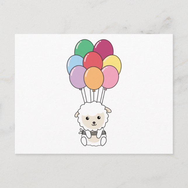 Sheep Flies Up With Colorful Balloons Postcard (Front)