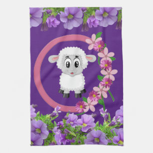 Sheep Floral Purple Kitchen Hand Towel