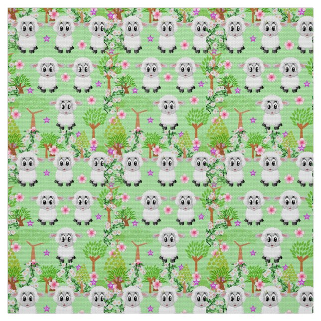 Sheep Floral Trees Green Fabric (Swatch)