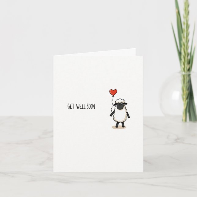 Sheep Get Well Soon Card with Heart Balloon (Front)