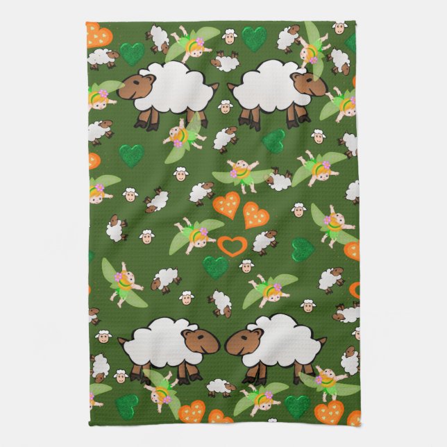 Sheep Green Orange Hearts Fairy Kitchen Hand Towel (Vertical)