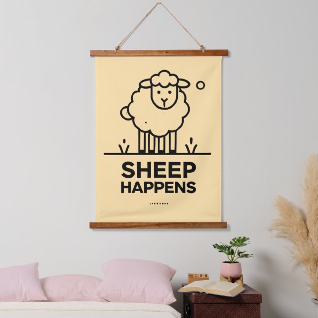 SHEEP HAPPEN Funny Wall Tapestry with Wood Top (Bedroom)