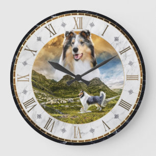Sheep Herding Blue Merle Rough Collie Dog - Large Clock
