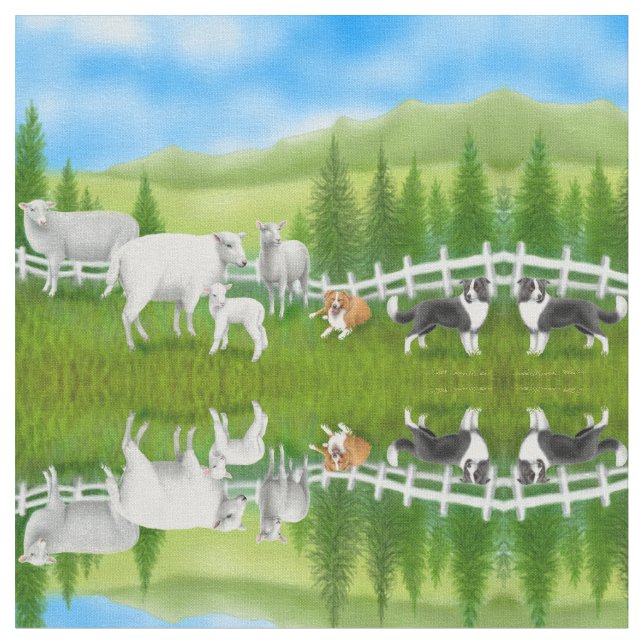 Sheep Herding Border Collie Dogs Fabric (Close Up)